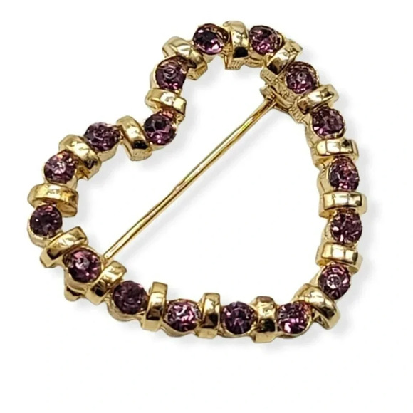 Pink Glass Rhinestone Gold Tone Vintage Heart Pin Brooch - Picture 2 of 4